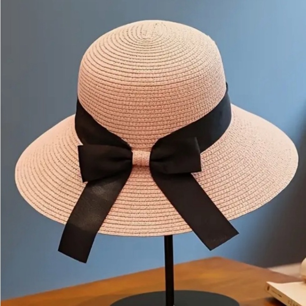 Elegant Tan straw Sun Hat with Black Ribbon